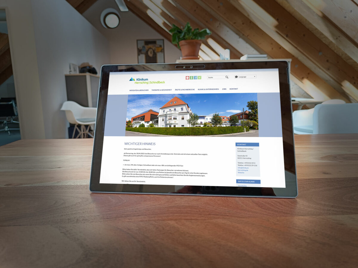 Webdesign Referenz Klinik Schindlbeck am Ammersee - Tabletansicht